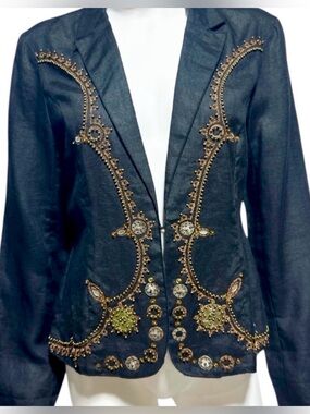 Derhy Vintage Linen Embellished Cropped Blazer Black Gold